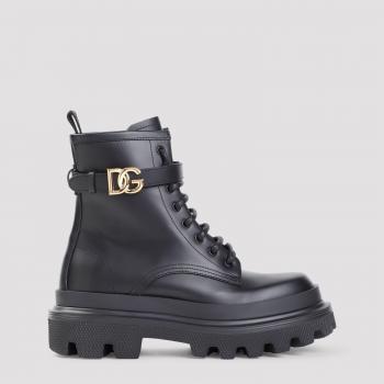 Dolce & Gabbana Women's Black Leather Lace-Up Boots with Buckle Detail, Size 38 (8 US)