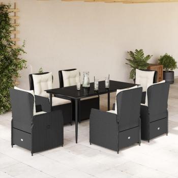 7-Piece Black Poly Rattan Garden Dining Set with Cushions