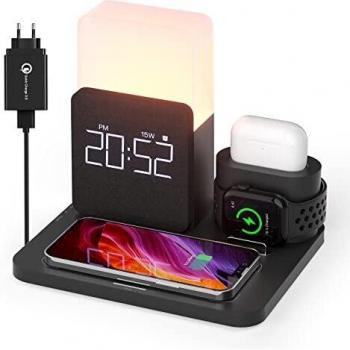 Cargador Inalámbrico, COLSUR 6 en 1 Estación de Carga Inductiva con 15W Lámpara de Mesa, Despertador para iPhone 12 13 Pro MAX Mini, Apple Watch 7 6 5 4 3 2, Airpods Pro, Samsung con Adaptador QC3.0