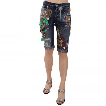 Dolce & Gabbana Blue Denim Mid Waist Crystal Capri Shorts - IT38|XS, Multicolor, Size: 2XS Crystal Embellished Denim Shorts