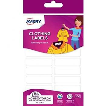 Avery ETVET36 Etiquetas para telas sin irón 45 x 13 mm, blancas, adhesivo permanente, 36 etiquetas por paquete