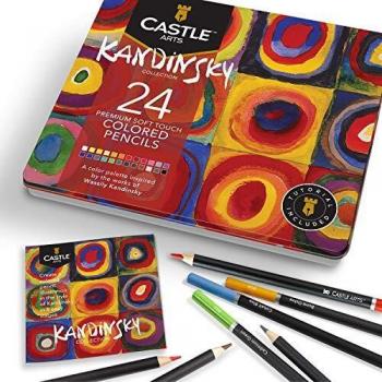 Castle Arts 24 lápices de colores en un estuche de metal, inspirado en Kandinsky. Perfecto para dibujar, hacer bocetos, colorear. Con núcleos blandos, mezcla superior y juego de capas