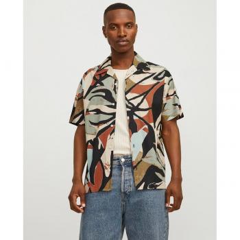Camisa Jack&Jones Sequoia negra con hojas, manga corta, para hombre