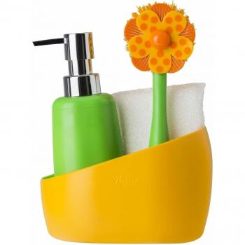 Vigar Lolaflor Set Fregadero con Cepillo, Esponja Y Dosificador para Jabón, Material: Nylon, ABS, TPE, PVC, Silicona, Amarillo, 17 x 9 x 23 cm