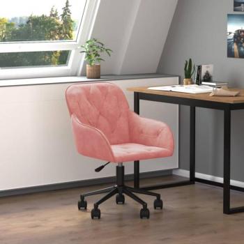 Silla de oficina giratoria de terciopelo rosa con base en metal, altura ajustable, respaldo ergonómico, ruedas para fácil movilidad y diseño moderno