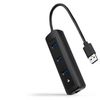 Hub USB 3.0 a 3xUSB-A y RJ45 - Adaptador de Red Gigabit - Negro - 15 cm