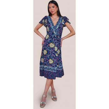 Goddiva Floral Print Wrap Midi Dress with Flutter Sleeves - Navy Print, Size 8 UK
