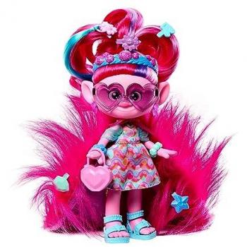 Muñeca Reina Poppy Trolls 3 con pelo rosa que se convierte en capa, accesorios sorpresa dentro del pelo, juguete para +3 años (Mattel HNF16)