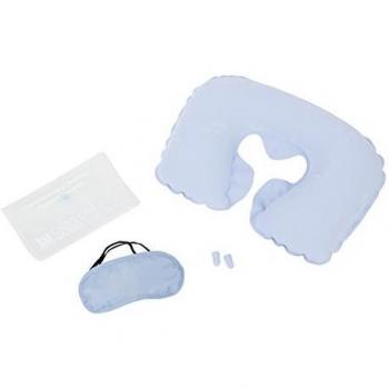 BESTWAY 67445 - Set de Viaje 3 en 1 Almohada Hinchable Aterciopelada, Antifaz con Elástico y Tapones de Políester Para Oídos Azul Con Bolsa de Transporte