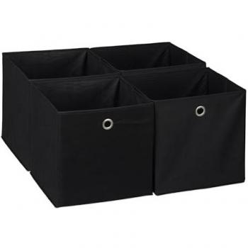 Set de 4 Cajas de Almacenamiento Plegables para Estantería, 30x30x30 cm, con Asas Redondas, Color Negro