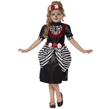 Smiffy's-44290L Disfraz de dulce calavera, con vestido y diadema de rosas, color negro, L-Edad 10-12 años