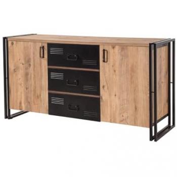 Aparador industrial HOLEN con 2 puertas y 3 cajones, diseño óptimo en madera y metal negro