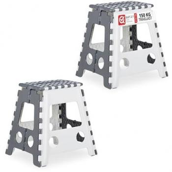 Set de 2 Taburetes Plegables XL con Escalón y Asa, Capacidad hasta 120 kg, Plástico, 39,5 x 38,5 x 32 cm, Color Gris y Blanco