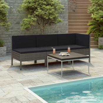 3-Piece Grey Poly Rattan Garden Lounge Set with Cushions