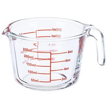 Vaso Medidor de Cristal 250 ml, Resistente al Calor, Apto para Microondas, Escala en ml, oz y Tazas, Transparente