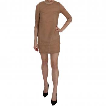 Brown 3/4 Sleeve Crewneck Shift Mini Dress