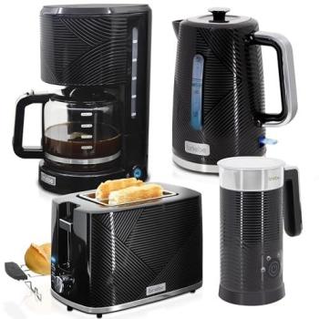 Set Elegance Briebe Tostador 2 Rebanadas, Hervidor Eléctrico 1,7L, Cafetera Goteo 1,25L y Espumador de Leche 2200W Negro