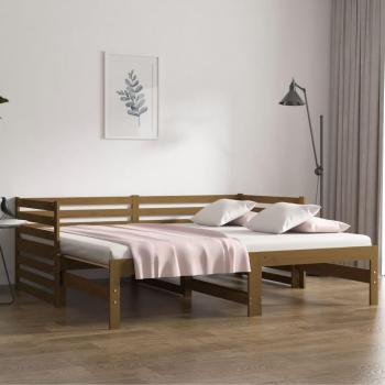 Sofá cama extraíble de madera maciza de pino en color marrón miel, dimensiones 2x(90x190) cm