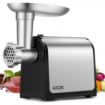 Aicok Picadoras de Carne, Máquina de Carne de Acero Inoxidable y Embutidora de salchichas, Función reversible, Cuchillas, Accesorios para Embutir Salchichas, y Kubbe, Domésticos y Comerciales
