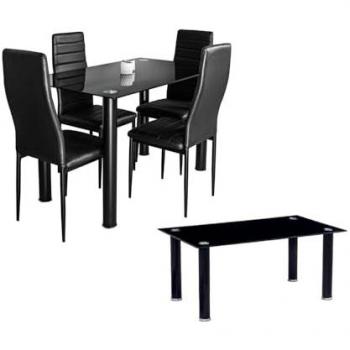 Pack Elegancia: Mesa de Cristal Templado + 4 Sillas de Polipiel + Mesa de Centro de Cristal Templado Negro