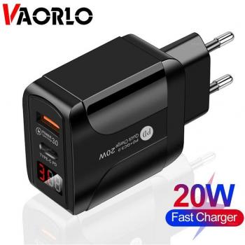 Cargador VAORLO con Pantalla LED Tipo C PD 20W, Carga Rápida QC3.0, Puerto USB para iPhone 12, Xiaomi y Huawei