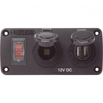 Blue Sea 4363 Water Resistant USB Accessory Panel - 15A Circuit Breaker, 12V Socket, 2.1A Dual USB Charger