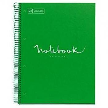 Miquelrius - Cuaderno Notebook Emotions, 1 Franja de Color, A4, 80 Hojas Cuadriculadas 5 mm, Papel 90 g, 4 Taladros, Cubierta de Cartón Duro, color Verde