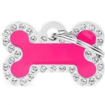 My Family Placa de Identificación personalizado para perro Made in Italy, Hueso Pequeño de Piedra Fucsia, Placa de identificación de Perro Grabada Gratis, Metal Esmaltado a Mano, Colección Glam
