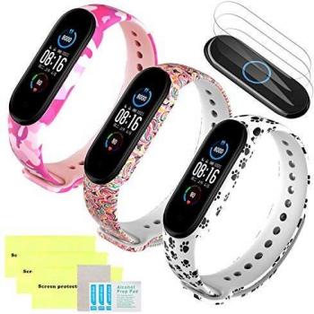 Mi-Case Correa de Silicona Compatible para Xiaomi Mi Band 6 / Mi Band 5 + [3Pack] Protector de Pantalla, Ajustable Banda Repuesto Pulsera Compatible para Xiaomi Mi Band 6-3 Pcs Serie Arcoiris