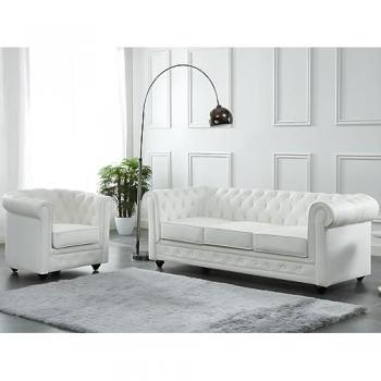 Sofá de 3 plazas y sillón Chesterfield en piel de búfalo - Blanco