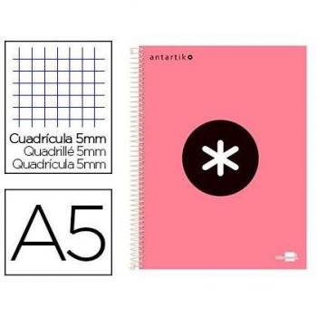 Cuaderno Antartik A5 Espiral Microperforado Cuadrícula 5mm Tapa Dura Forrada 120 Hojas 100g/m² 5 Bandas de Color Coral