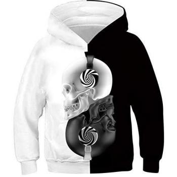 SunFocus Sudadera con Capucha para niños Estampado 3D gráfico Personalizado Negro Blanco con Calavera Jersey de Manga Larga para niñas con Bolsillo para otoño Invierno S