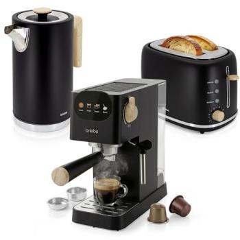 Set Nordic Briebe SKT1209BLK: Cafetera Espresso 20 Bares, Tostadora 2 Rebanadas, Hervidor Eléctrico 1.7L 1350W Negro