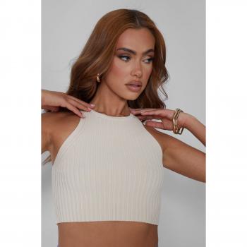 Knitted Ribbed Racer Top Beige