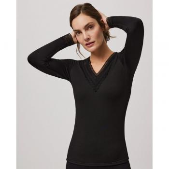 Camiseta térmica de mujer de manga larga con cuello en pico y encaje