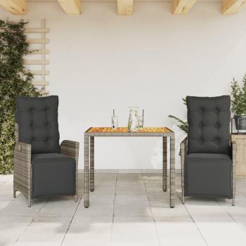 3-Piece Grey Poly Rattan Garden Dining Set with Cushions
