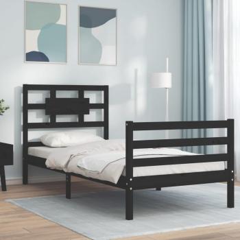 Cama de madera maciza con cabecero negro 90x200 cm