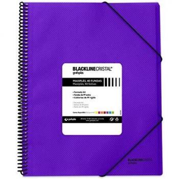 Grafoplás 39834235 Carpeta Polipropileno con 40 Fundas, A4, Color Violeta, Espiral, Cierre de Gomas, Maxiplás Blackline Cristal