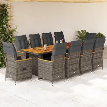 Set de mesa y sillas de jardín 11 piezas con cojines de ratán gris