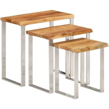 Set de 3 mesas apilables con borde natural de madera maciza de acacia en color marrón