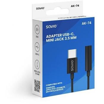 Adaptador Savio AK-74 USB-C a Jack 3.5mm Hi-Fi Negro con garantía de 36 meses