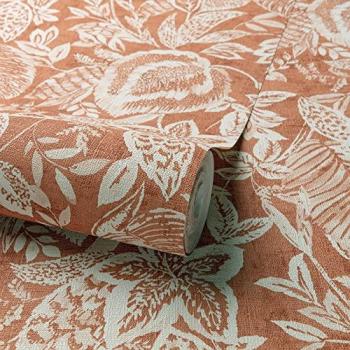 Papel pintado Mae naranja y beige Dutch Wallcoverings, color naranja, con textura de hojas de selva