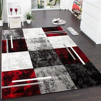 Alfombra Moderna A Cuadros 3D en Gris Negro Rojo, Tamaño 300x400 cm, Corto Pelo, Ideal para Sala y Dormitorio