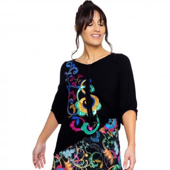Top de mujer Mamatayoe Renata con manga abullonada, bordado en delantero, manga tres cuartos, escote redondo, color negro