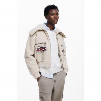 Desigual Women's Beige Printed Trucker Jacket with Zipper - Light Fall/Winter Outerwear, Size XS