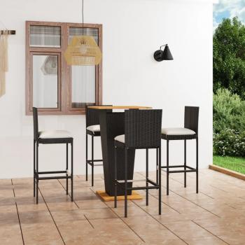 5-Piece Black Poly Rattan Garden Bar Set with Cushions