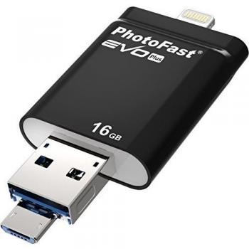 PhotoFast i-FlashDrive EVO Plus - Memoria USB 3.0 de 16 GB con Conector Micro USB y Lightning, Color Negro