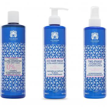 Valquer Pack Ultrahidratante Champú, Ice Hair Mask y Acondicionador Bifásico - Tratamiento exclusivo 100% vegano para cabellos secos, incluye Shampoo 400ml, Máscara Ice Effect 300ml y