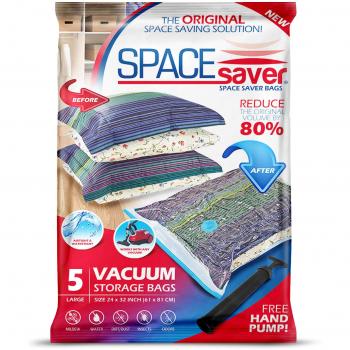 SPACESAVER Bolsas de Almacenamiento al vacío Premium. 80% más de Almacenamiento. Bomba de Mano para Viajes. Doble Cierre y válvula de Cierre Triple para Ahorro de Espacio máximo - Grandes 5 Piezas