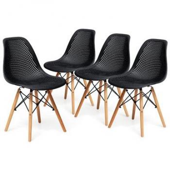 Plastic Hollowed-out Mid-Century Modern Wood-Leg Seat (Set of 4) - Black